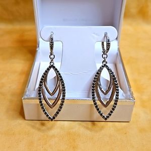 Silver Tone With Black Dangle Rhinestones Earrings